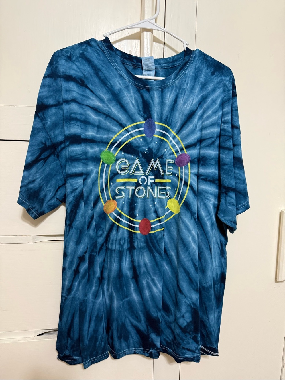 Gildan Blue Tie-Dye "Game of Stone" Graphic Tee with Multicolor Accents